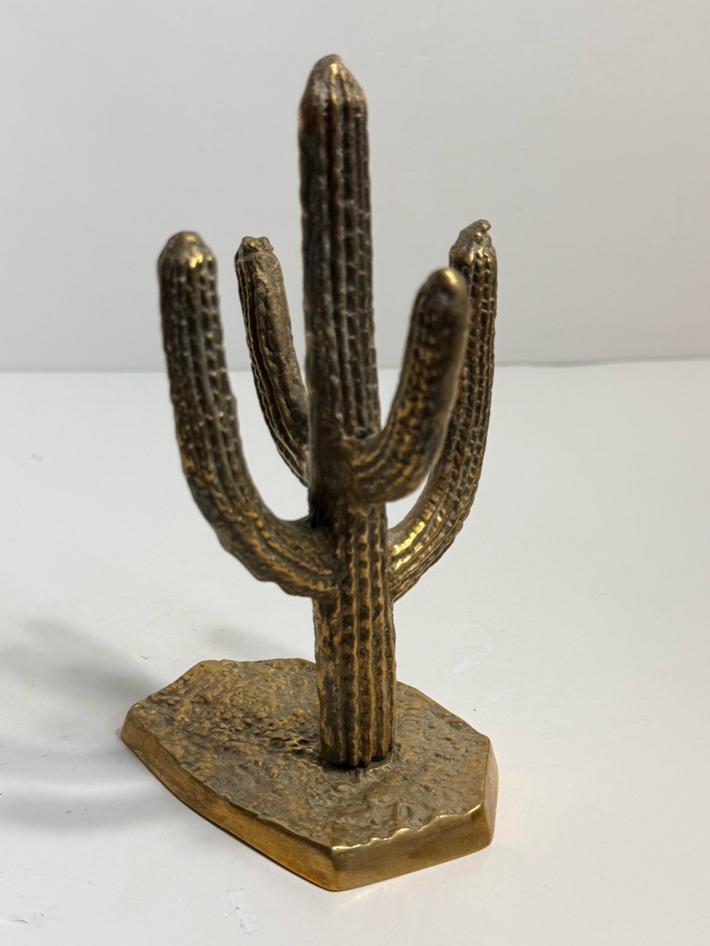 Vintage Solid Brass Saguaro Cactus Figurine Textured Pebble Base 7”